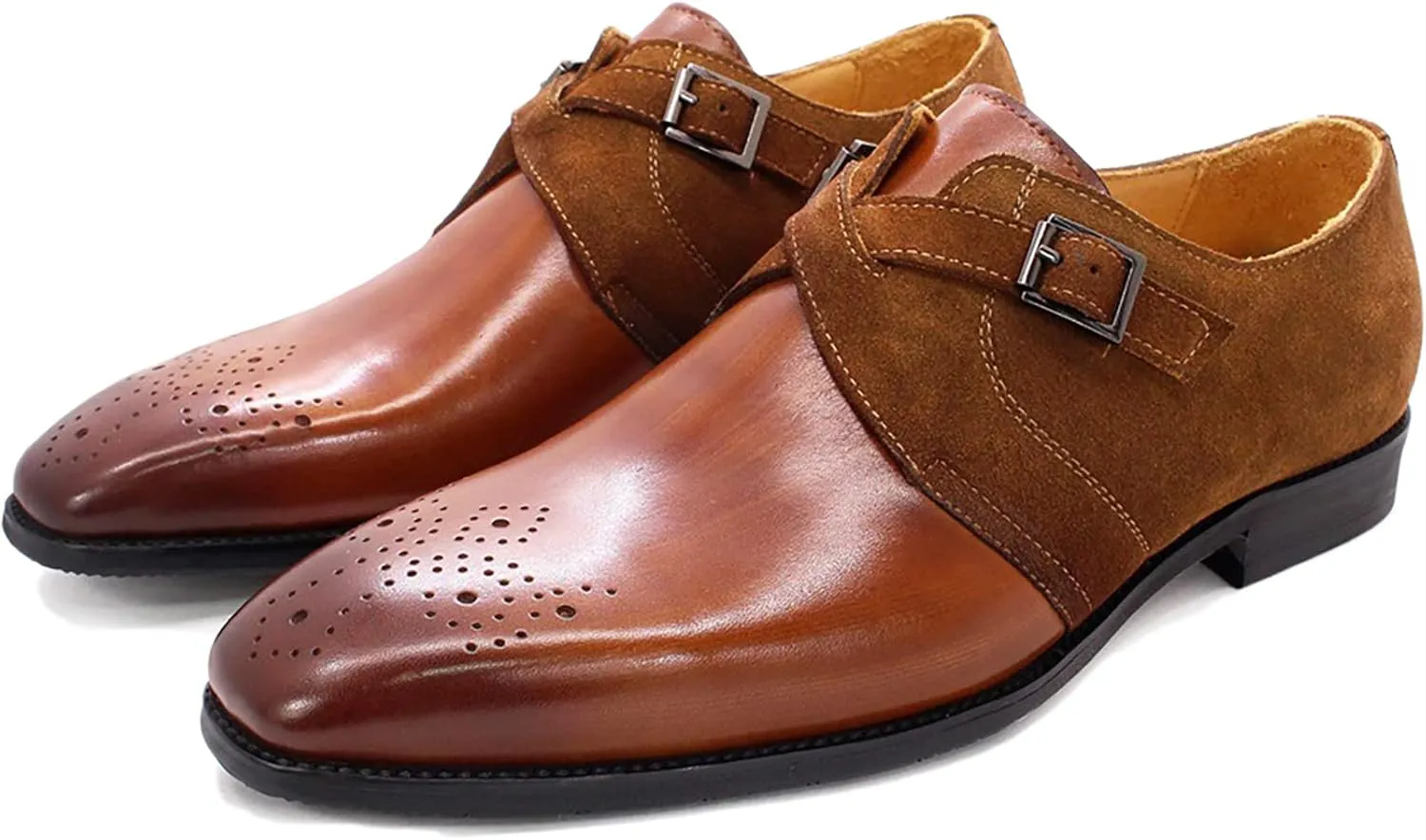 Oxford Dress Shoes for Men Buckle Slip On Monk Strap Shoes Leather Low Top Non Slip Brogues Wedding Office Shoes,Brown-45
