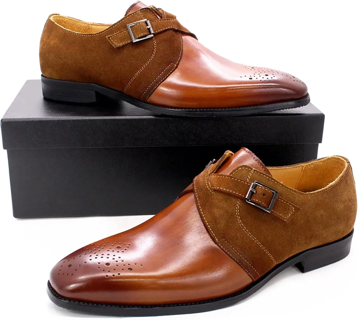 Oxford Dress Shoes for Men Buckle Slip On Monk Strap Shoes Leather Low Top Non Slip Brogues Wedding Office Shoes,Brown-45