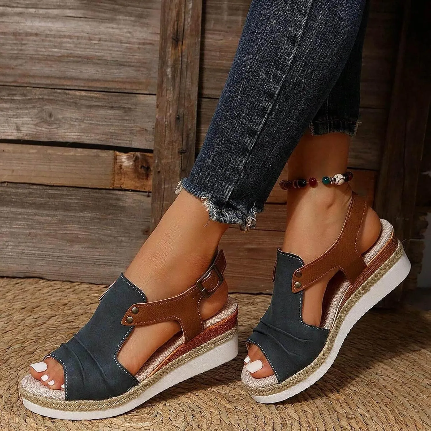 Peep Toe Sandals for Women Orthopedic Platform Wedge Sandals Summer Dressy 2025 Flat Open Toe Espadrilles Casual Strappy Slip on Boho Comfortable Outdoor Shoes A-Navy Blue,7