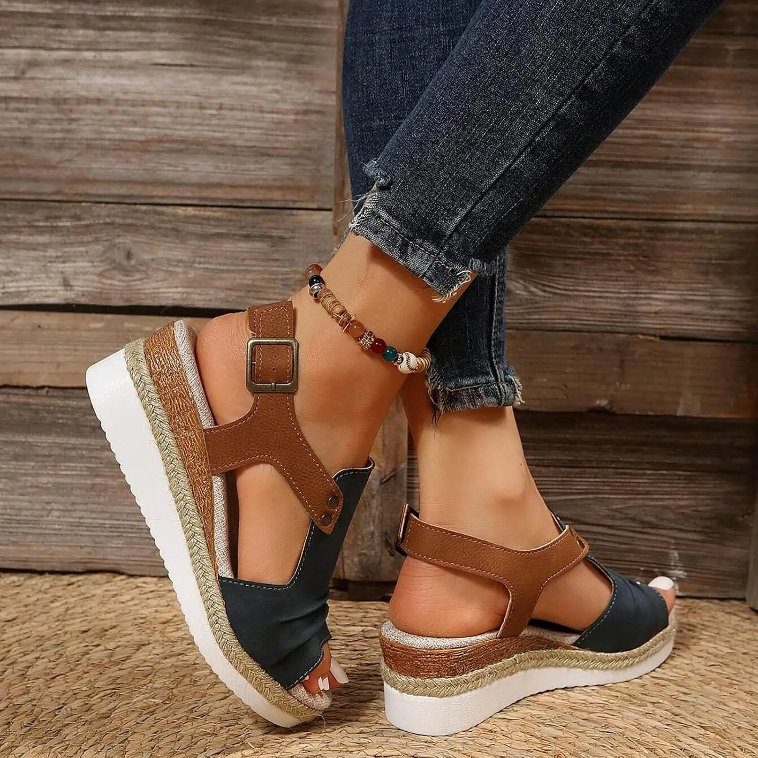 Peep Toe Sandals for Women Orthopedic Platform Wedge Sandals Summer Dressy 2025 Flat Open Toe Espadrilles Casual Strappy Slip on Boho Comfortable Outdoor Shoes A-Navy Blue,7