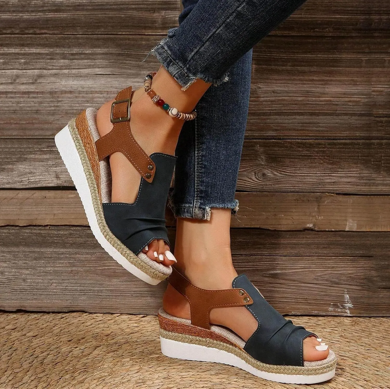 Peep Toe Sandals for Women Orthopedic Platform Wedge Sandals Summer Dressy 2025 Flat Open Toe Espadrilles Casual Strappy Slip on Boho Comfortable Outdoor Shoes A-Navy Blue,7