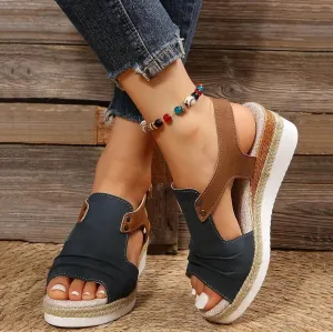 Peep Toe Sandals for Women Orthopedic Platform Wedge Sandals Summer Dressy 2025 Flat Open Toe Espadrilles Casual Strappy Slip on Boho Comfortable Outdoor Shoes A-Navy Blue,7