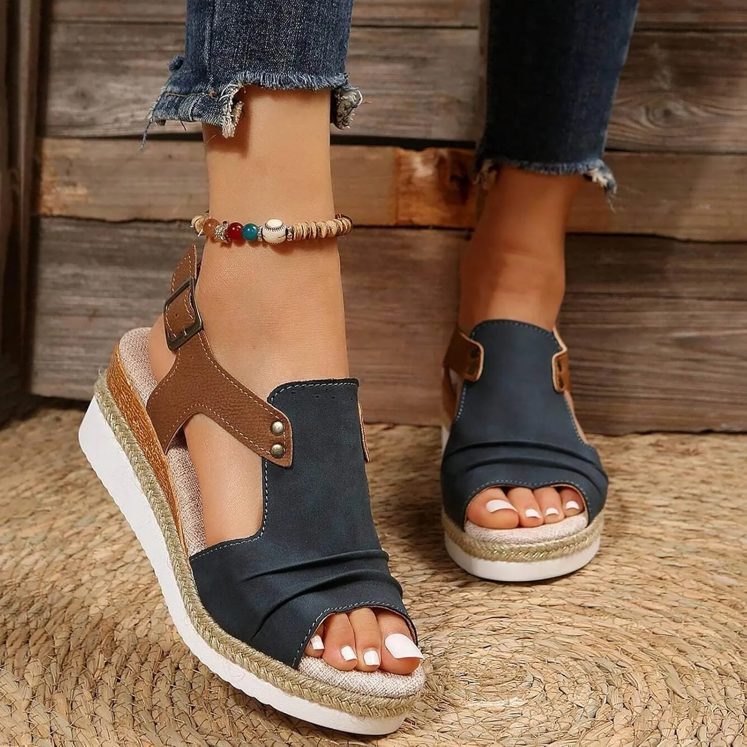 Peep Toe Sandals for Women Orthopedic Platform Wedge Sandals Summer Dressy 2025 Flat Open Toe Espadrilles Casual Strappy Slip on Boho Comfortable Outdoor Shoes A-Navy Blue,7