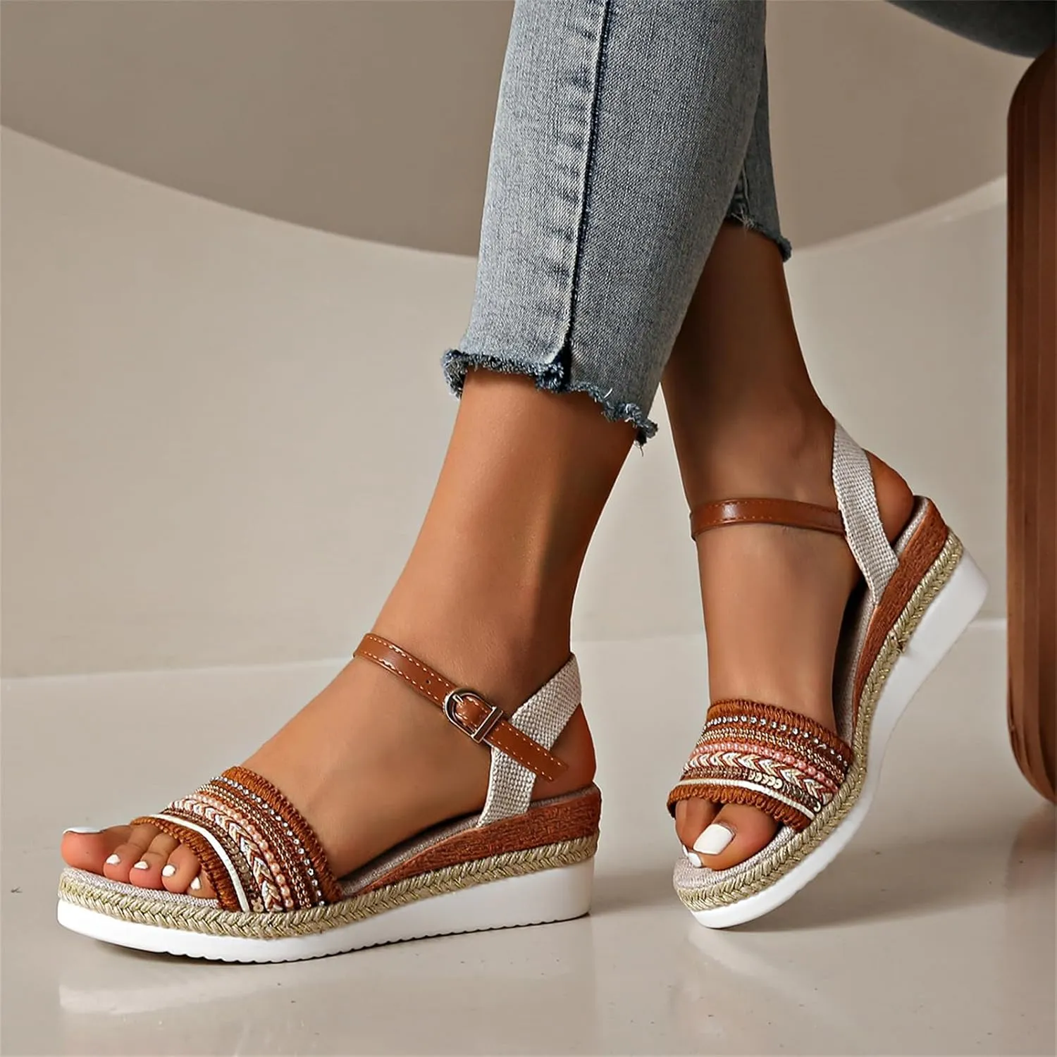 Platform Wedge Sandals for Women,Summer Dressy 2024 Open Toe Ankle Strap Low Heels Beach Boho Orthopedic Casual Slippers with Arch Support Dress 2025 Comfortable Anti Slip Walking Shoes