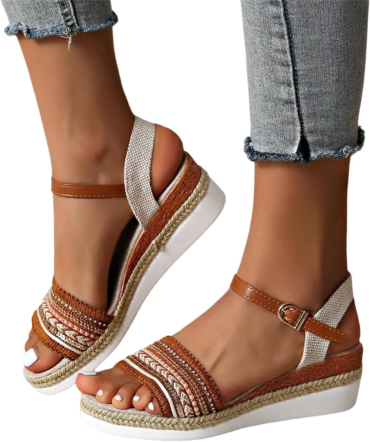 Platform Wedge Sandals for Women,Summer Dressy 2024 Open Toe Ankle Strap Low Heels Beach Boho Orthopedic Casual Slippers with Arch Support Dress 2025 Comfortable Anti Slip Walking Shoes