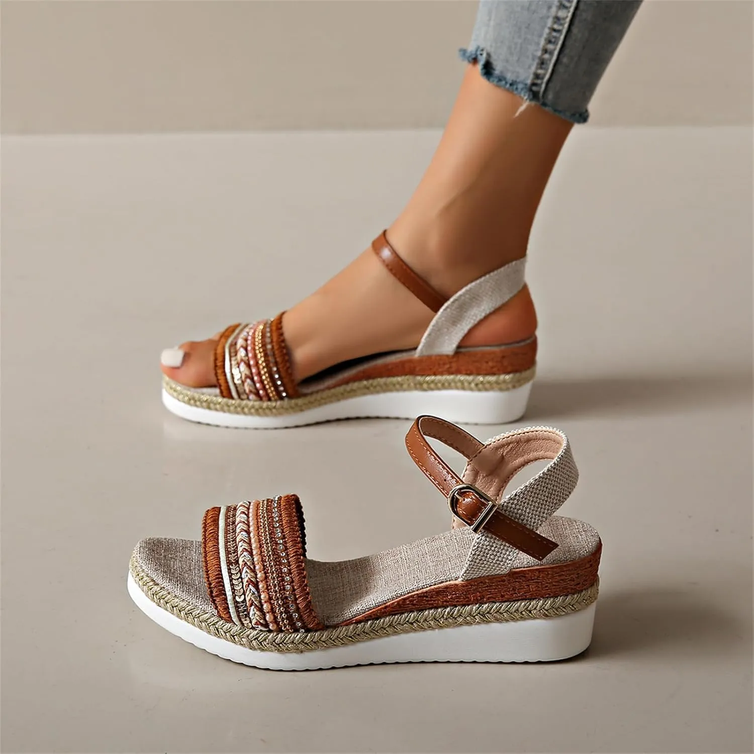 Platform Wedge Sandals for Women,Summer Dressy 2024 Open Toe Ankle Strap Low Heels Beach Boho Orthopedic Casual Slippers with Arch Support Dress 2025 Comfortable Anti Slip Walking Shoes