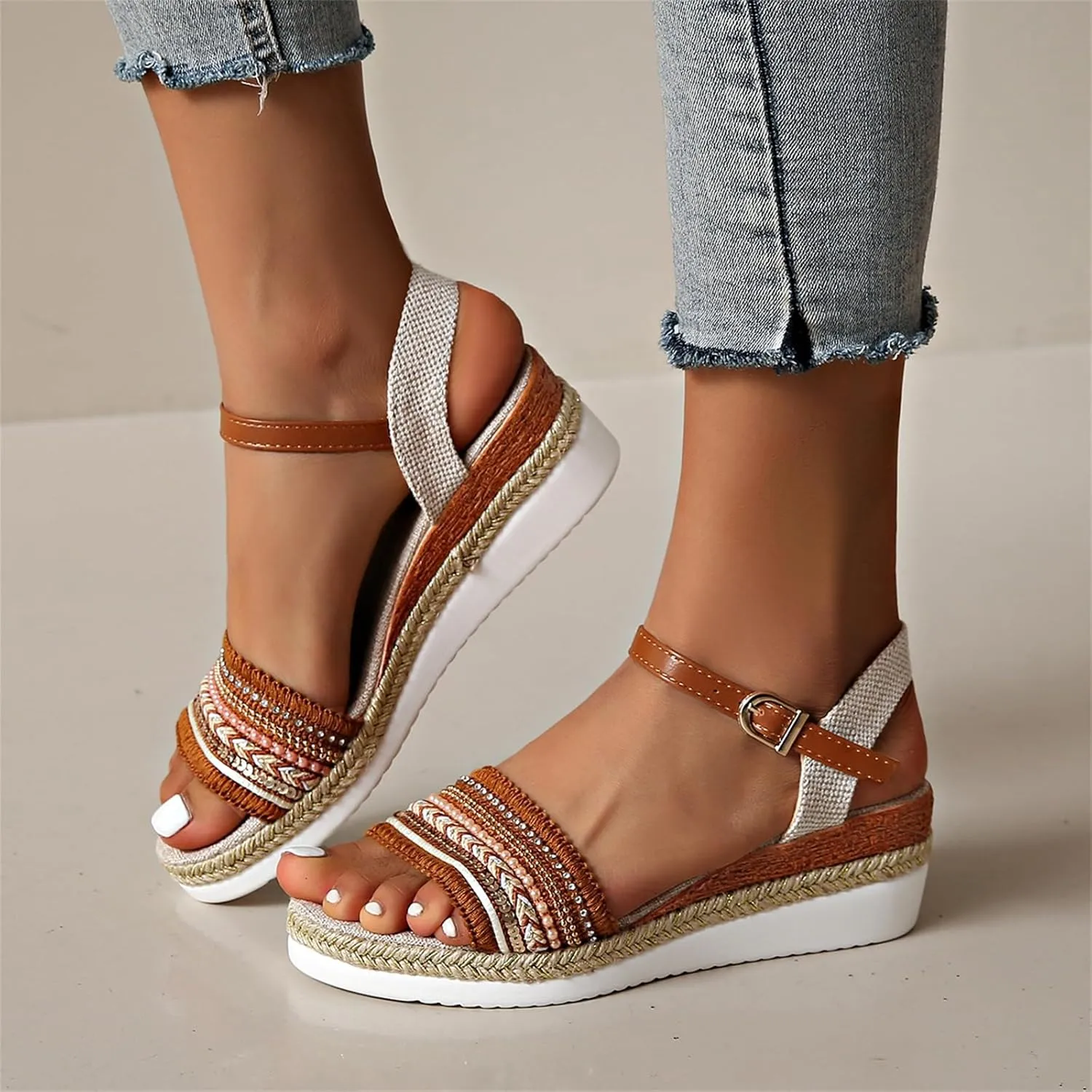 Platform Wedge Sandals for Women,Summer Dressy 2024 Open Toe Ankle Strap Low Heels Beach Boho Orthopedic Casual Slippers with Arch Support Dress 2025 Comfortable Anti Slip Walking Shoes