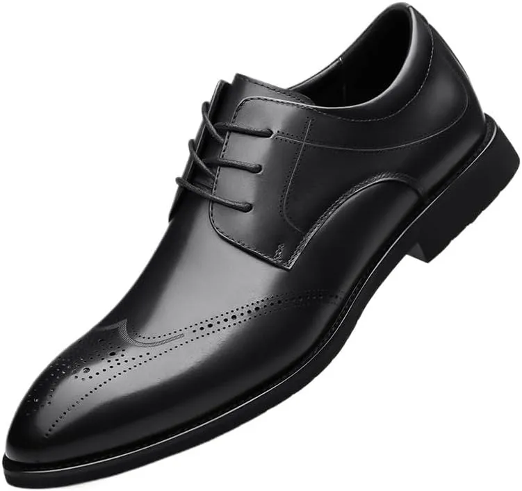 Pointed Toe Leather Cap Toe Shoes Breathable Dress Oxford for Men Lace Up Rubber Low Top Non Slip Prom