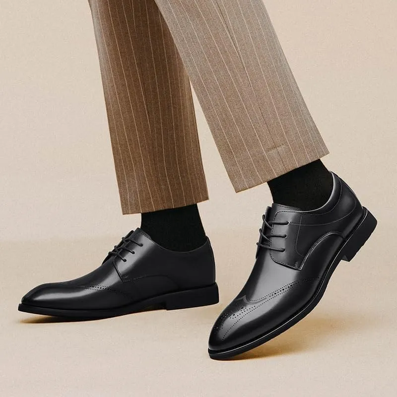 Pointed Toe Leather Cap Toe Shoes Breathable Dress Oxford for Men Lace Up Rubber Low Top Non Slip Prom