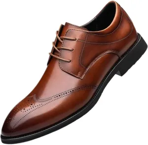 Pointed Toe Leather Cap Toe Shoes Breathable Dress Oxford for Men Lace Up Rubber Low Top Non Slip Prom