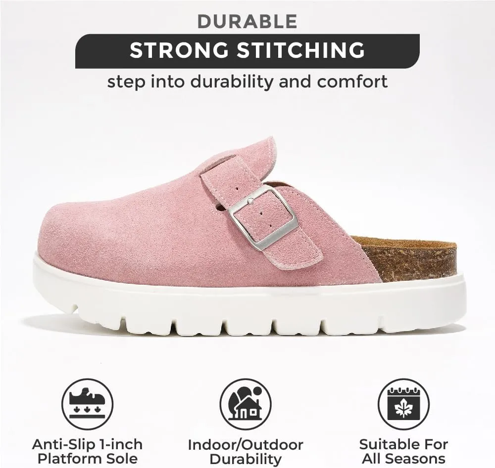 Project Cloud Genuine Leather Platform Clogs for Women Footwear - Memory Foam Arch Support Cork Footbed Casual Shoes & Mules for Women 2025 (Benton Chunky)