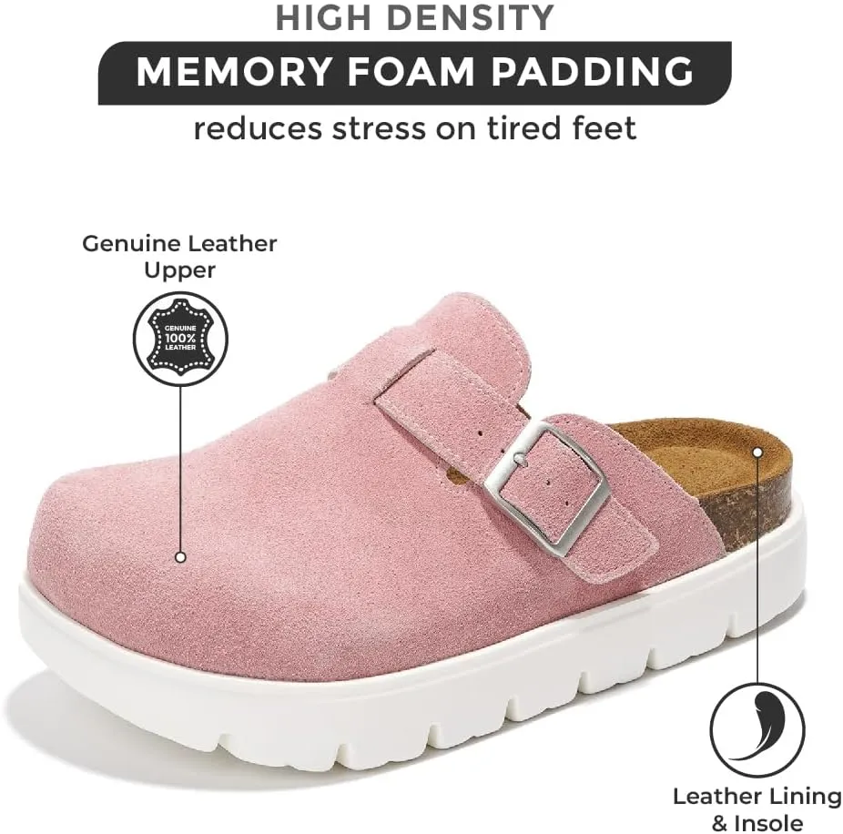 Project Cloud Genuine Leather Platform Clogs for Women Footwear - Memory Foam Arch Support Cork Footbed Casual Shoes & Mules for Women 2025 (Benton Chunky)