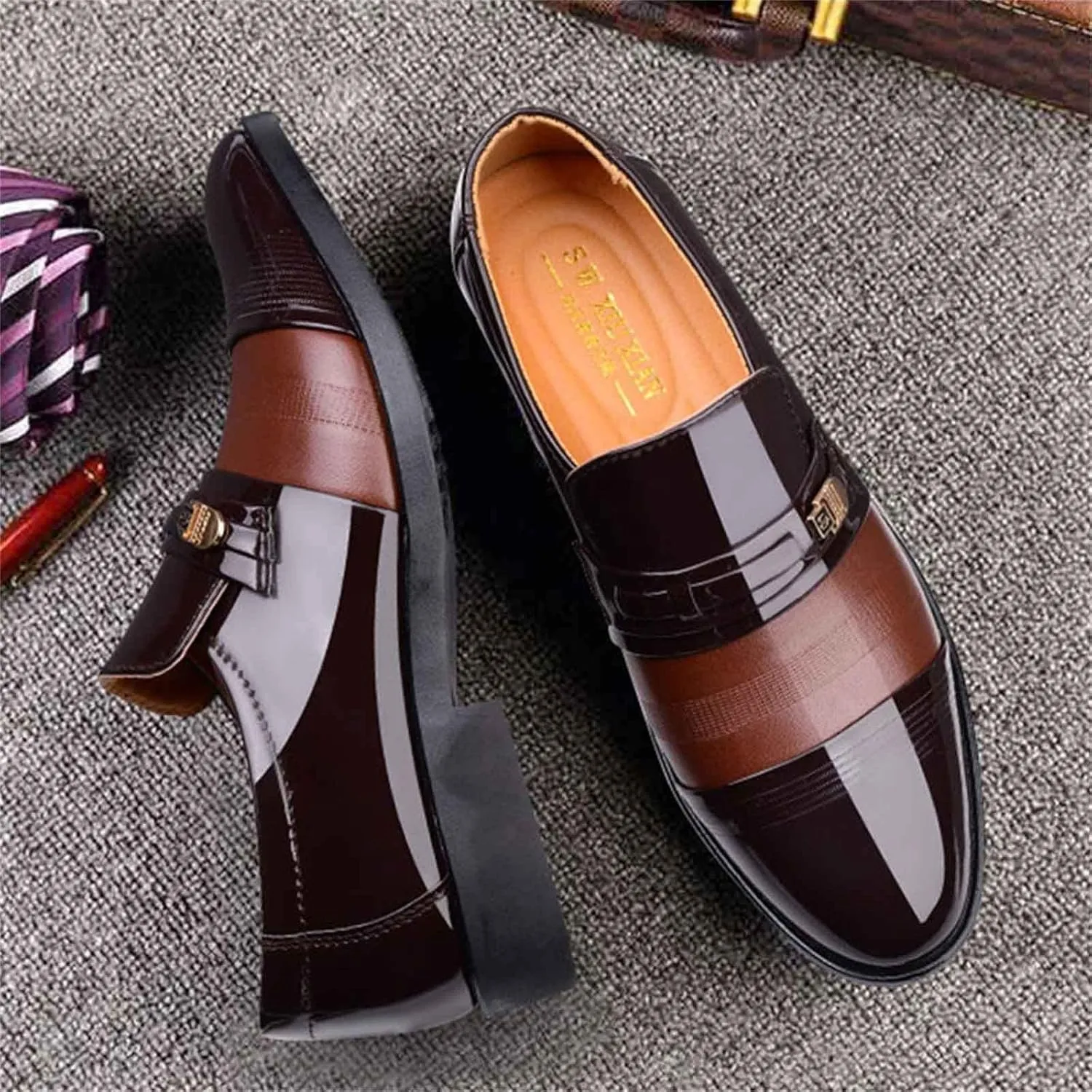 Slip On Dress Shoes for Men Fashion Summer and Autumn Men Leather Shoes Pointed Toe Low Heeled Slip On Hollow Breathable Shallow Mouth Mens Two-Tone Lace Up Dress Oxfords Formal Shoes