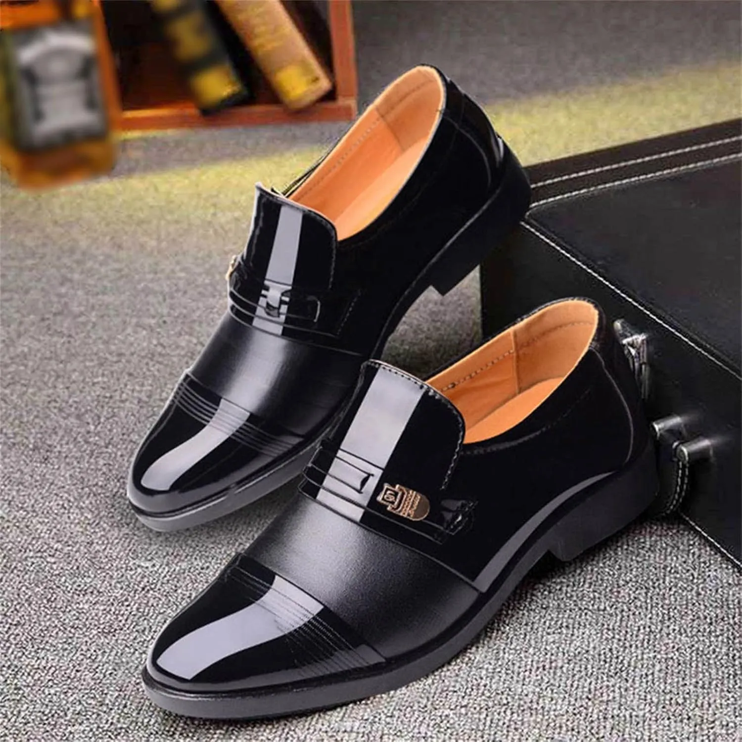 Slip On Dress Shoes for Men Fashion Summer and Autumn Men Leather Shoes Pointed Toe Low Heeled Slip On Hollow Breathable Shallow Mouth Mens Two-Tone Lace Up Dress Oxfords Formal Shoes
