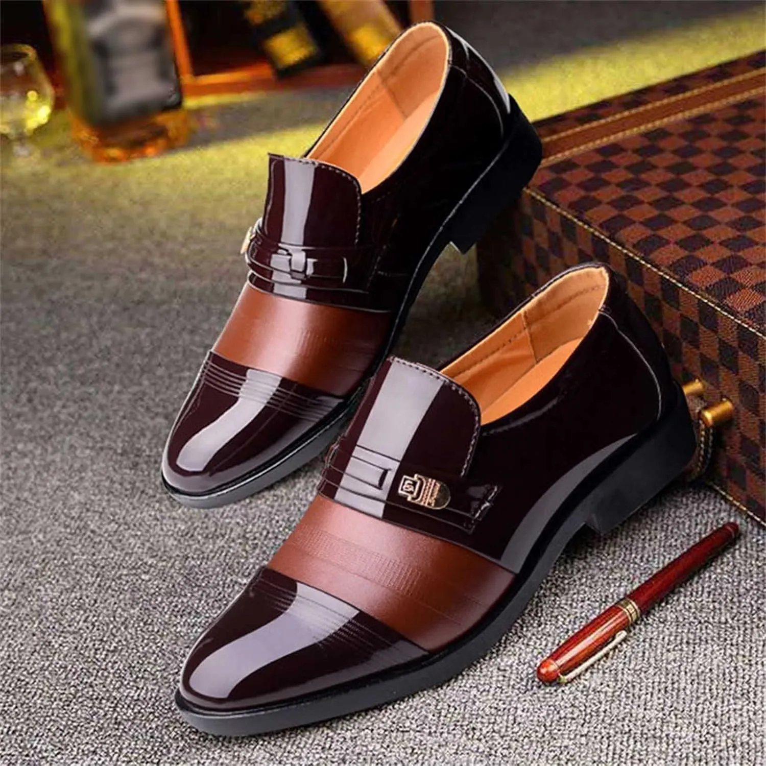 Slip On Dress Shoes for Men Fashion Summer and Autumn Men Leather Shoes Pointed Toe Low Heeled Slip On Hollow Breathable Shallow Mouth Mens Two-Tone Lace Up Dress Oxfords Formal Shoes