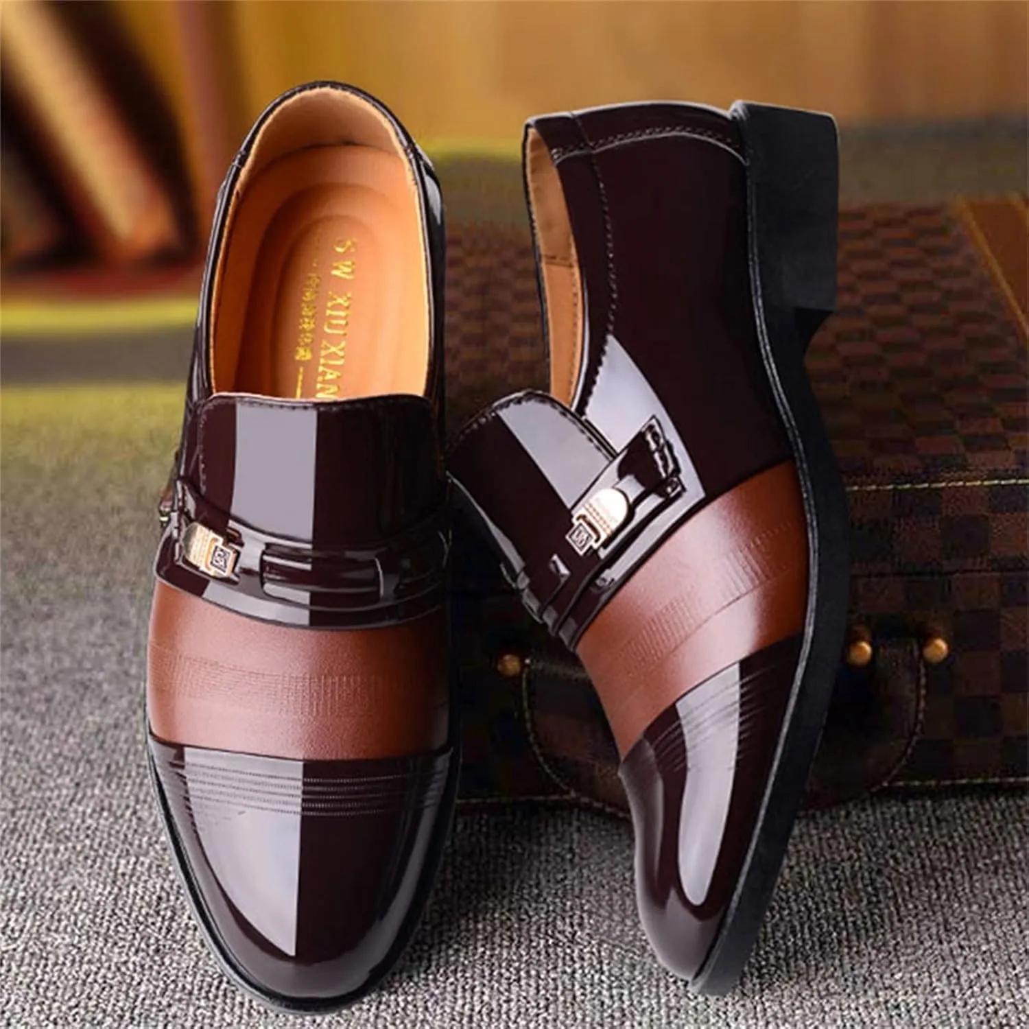 Slip On Dress Shoes for Men Fashion Summer and Autumn Men Leather Shoes Pointed Toe Low Heeled Slip On Hollow Breathable Shallow Mouth Mens Two-Tone Lace Up Dress Oxfords Formal Shoes