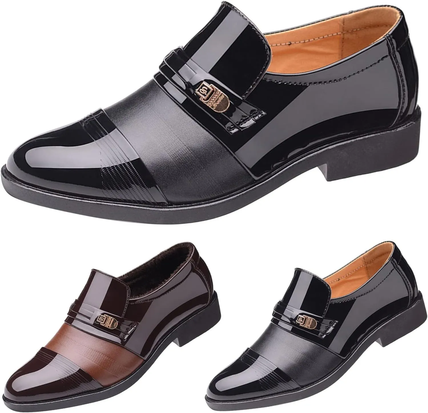 Slip On Dress Shoes for Men Fashion Summer and Autumn Men Leather Shoes Pointed Toe Low Heeled Slip On Hollow Breathable Shallow Mouth Mens Two-Tone Lace Up Dress Oxfords Formal Shoes