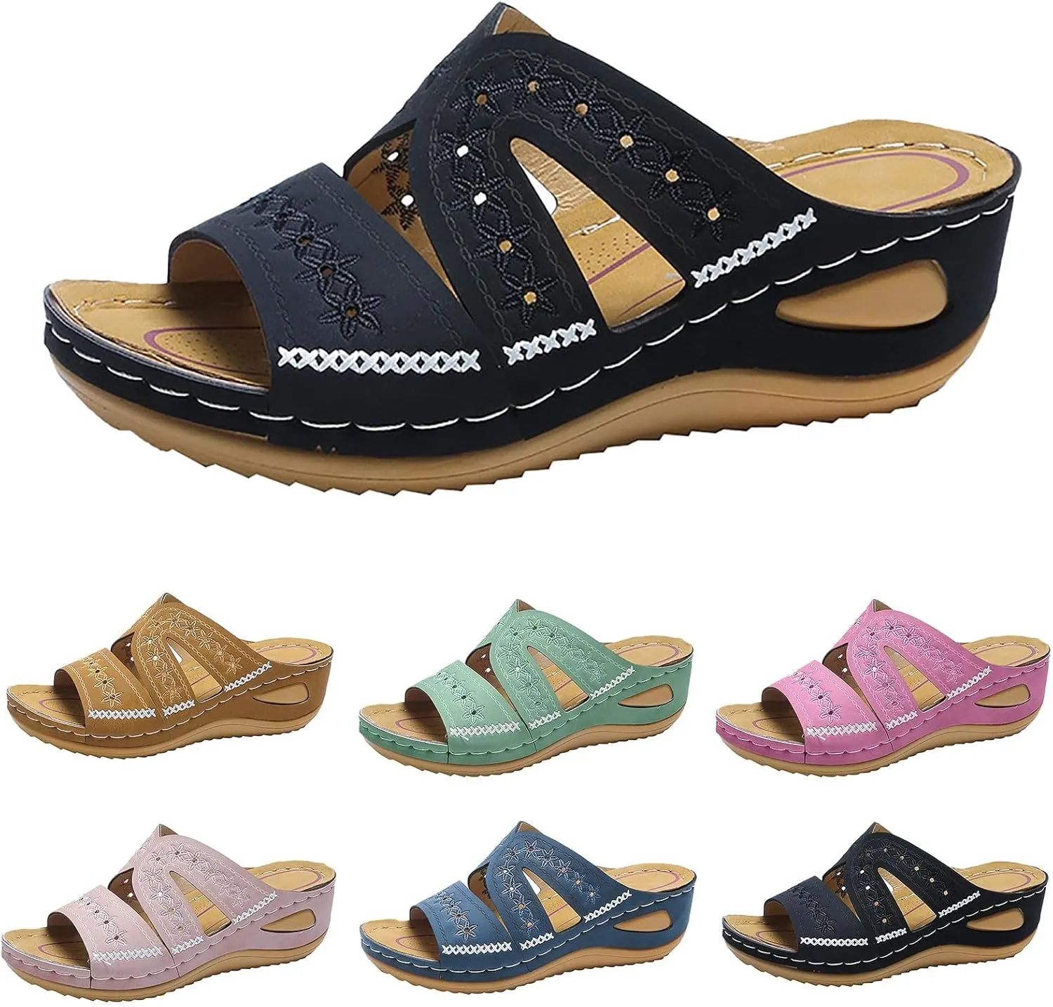 Slip On Wedges Sandals for Women Arch Support Cushioned Slides Summer Beach Slippers Versatile Dressy Sandals