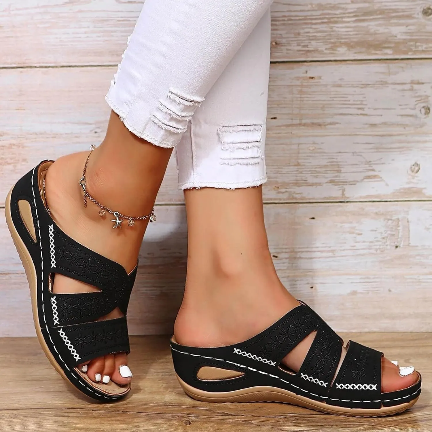 Slip On Wedges Sandals for Women Arch Support Cushioned Slides Summer Beach Slippers Versatile Dressy Sandals