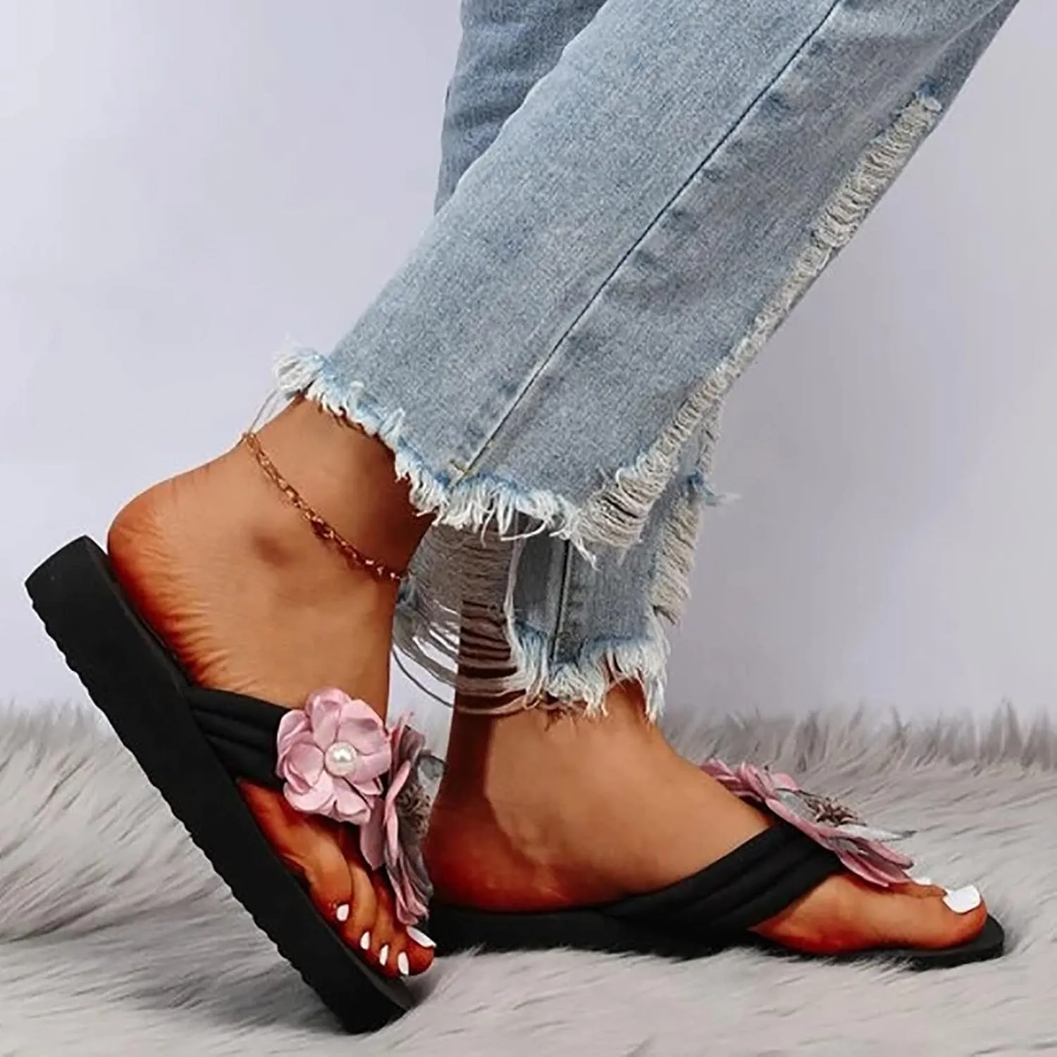 Slippers For Women Ladies Summer Flip Flops Open Toe Flowers Bohemian Sandals Comfortable Sandals for Women with Heels