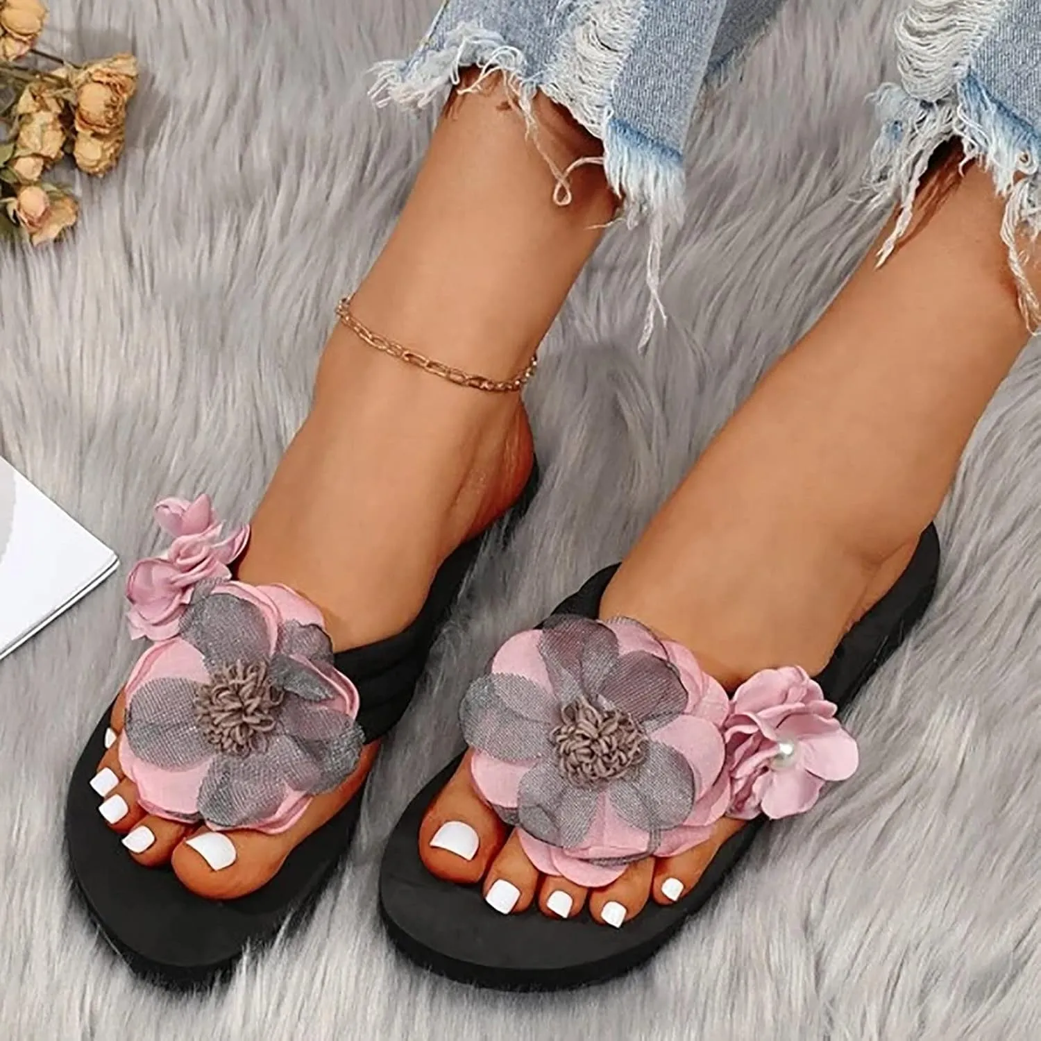 Slippers For Women Ladies Summer Flip Flops Open Toe Flowers Bohemian Sandals Comfortable Sandals for Women with Heels