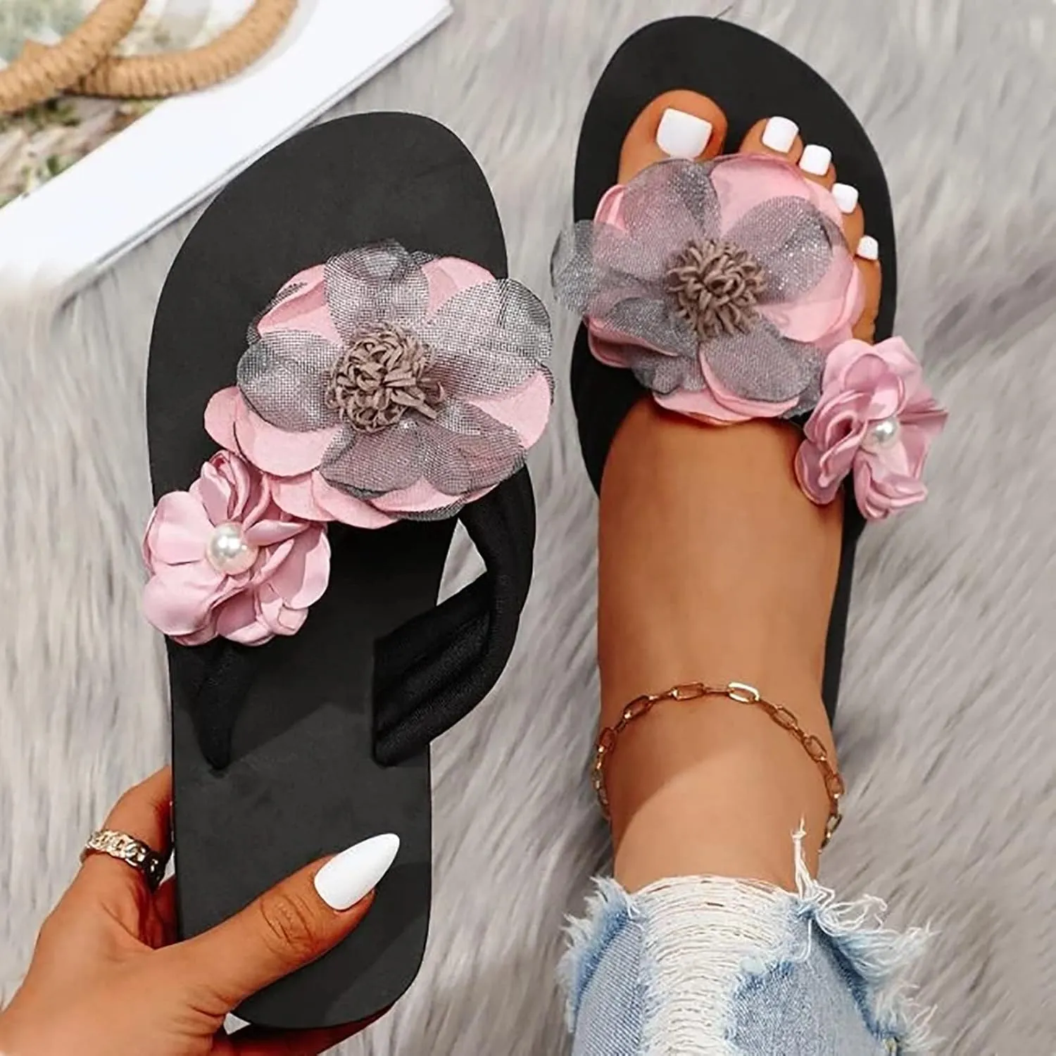 Slippers For Women Ladies Summer Flip Flops Open Toe Flowers Bohemian Sandals Comfortable Sandals for Women with Heels