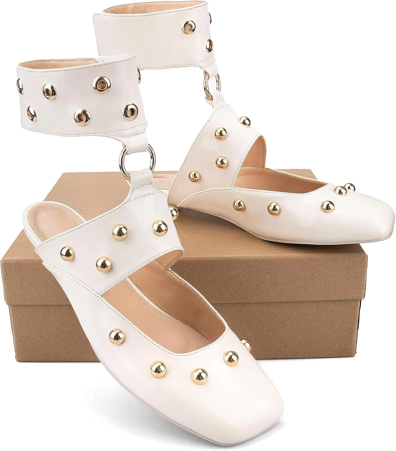 Studded Heeled Mules Square Toe Kitten Heeled Sandals Wide Ankle Strap Ballet Flats Trendy Dress Party Low Heel Shoes