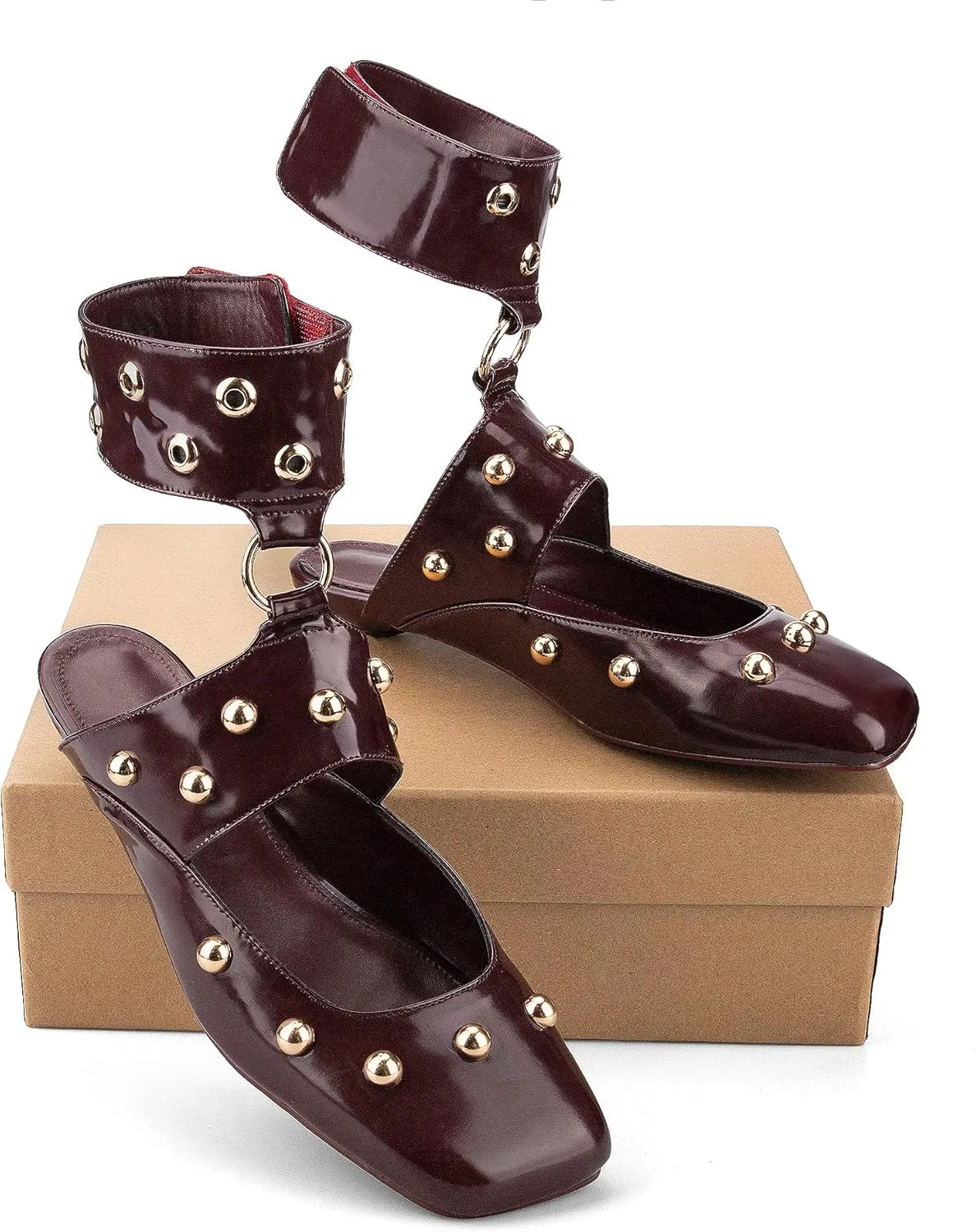 Studded Heeled Mules Square Toe Kitten Heeled Sandals Wide Ankle Strap Ballet Flats Trendy Dress Party Low Heel Shoes