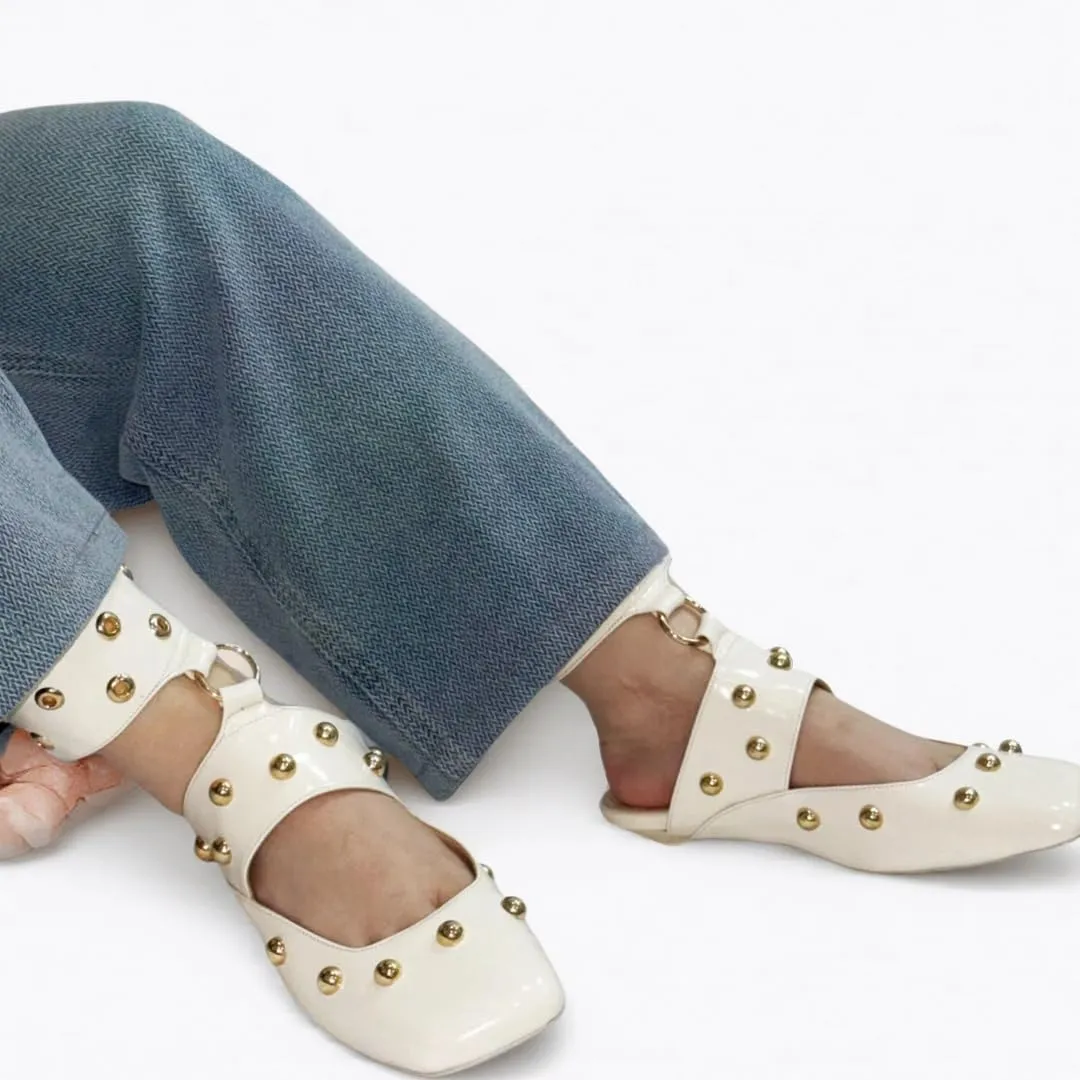 Studded Heeled Mules Square Toe Kitten Heeled Sandals Wide Ankle Strap Ballet Flats Trendy Dress Party Low Heel Shoes