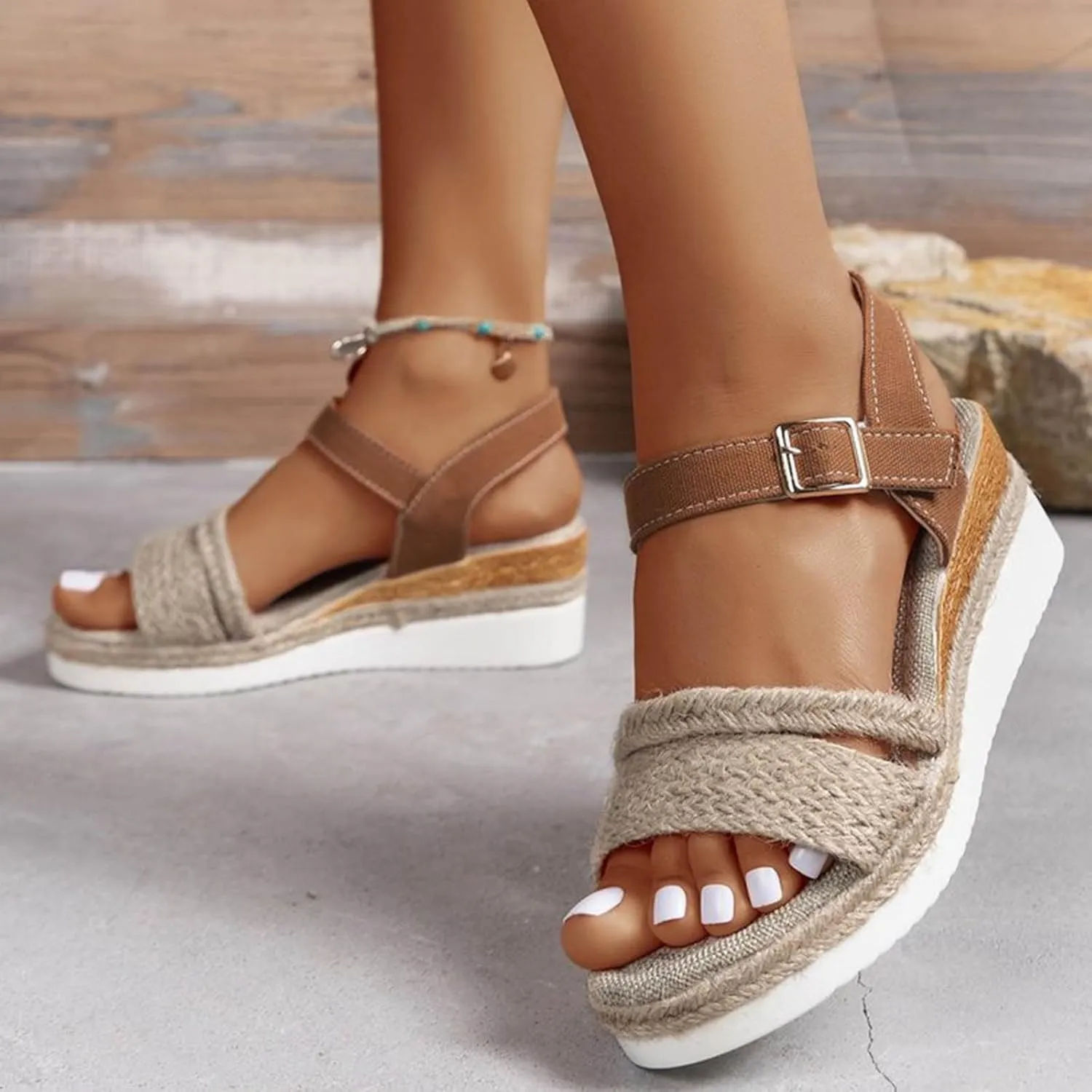 SuanlaTDS Women's Wedge Sandals Espadrilles 2025 Comfortable Dressy Buckle Ankle Strap Platform Open Toe High Heels Slingback Wedges Comfy Sexy Wedding Party Summer Beach Shoes