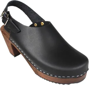Swedish High Heel Slingback Clogs for Women in Black Leather on Brown Base