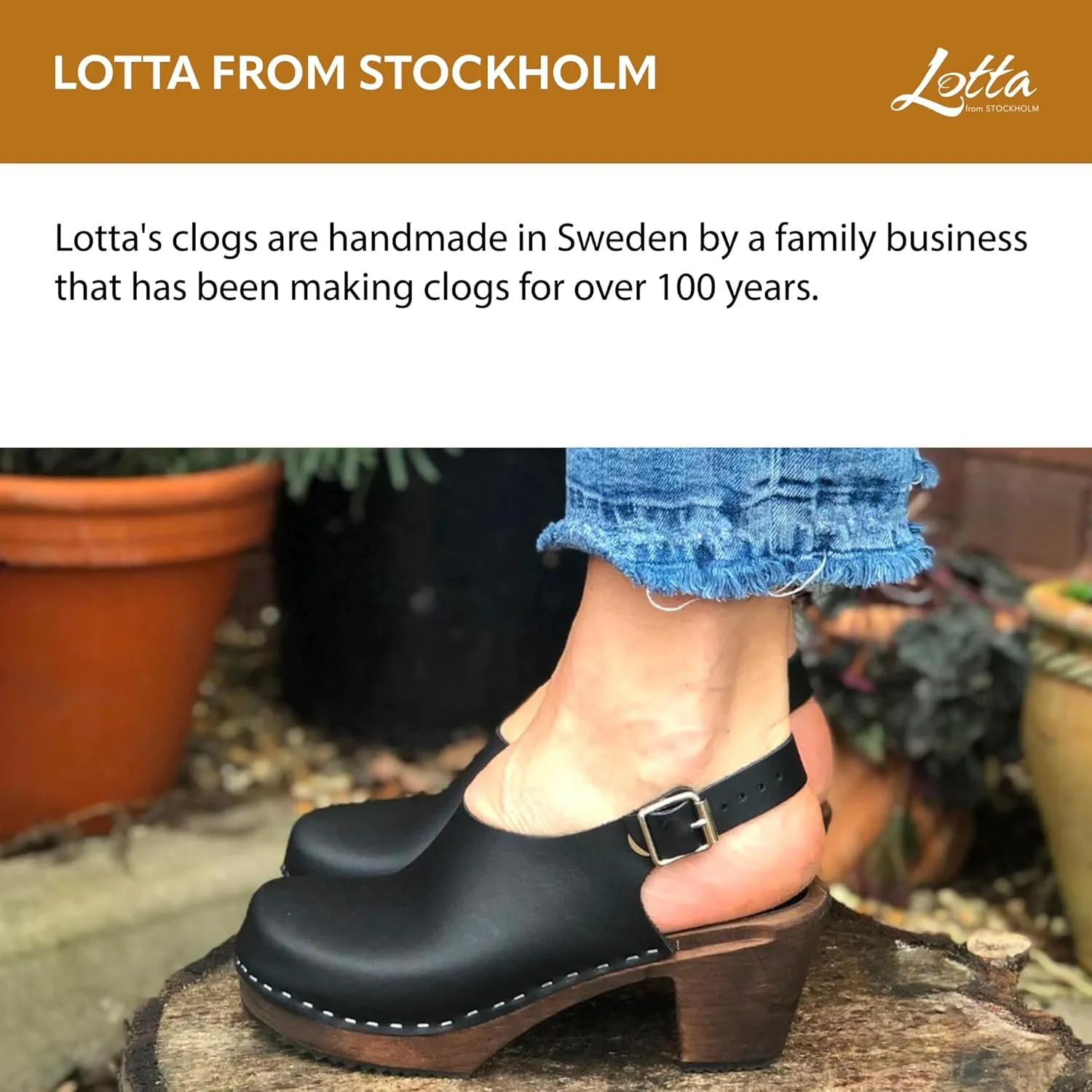 Swedish High Heel Slingback Clogs for Women in Black Leather on Brown Base