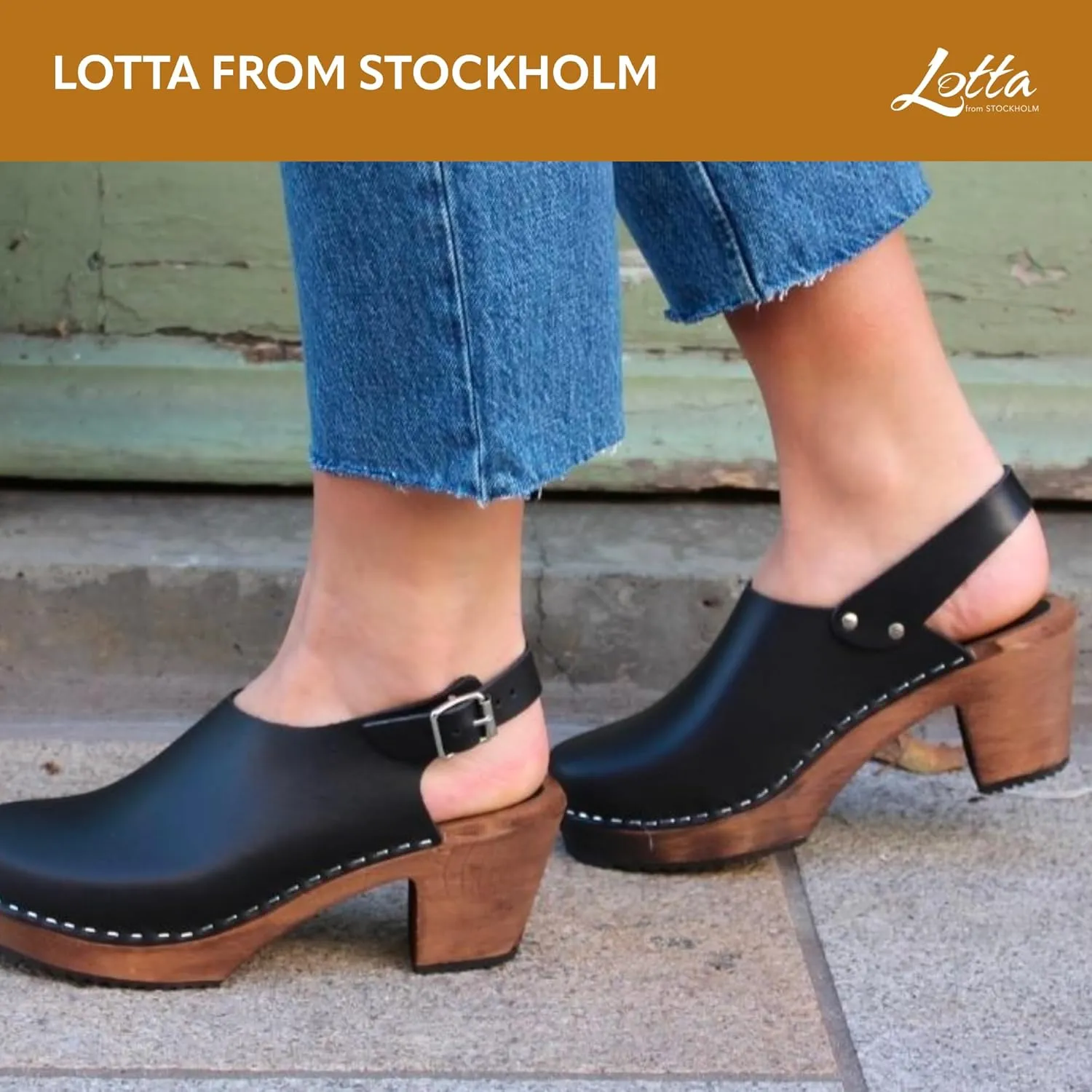 Swedish High Heel Slingback Clogs for Women in Black Leather on Brown Base