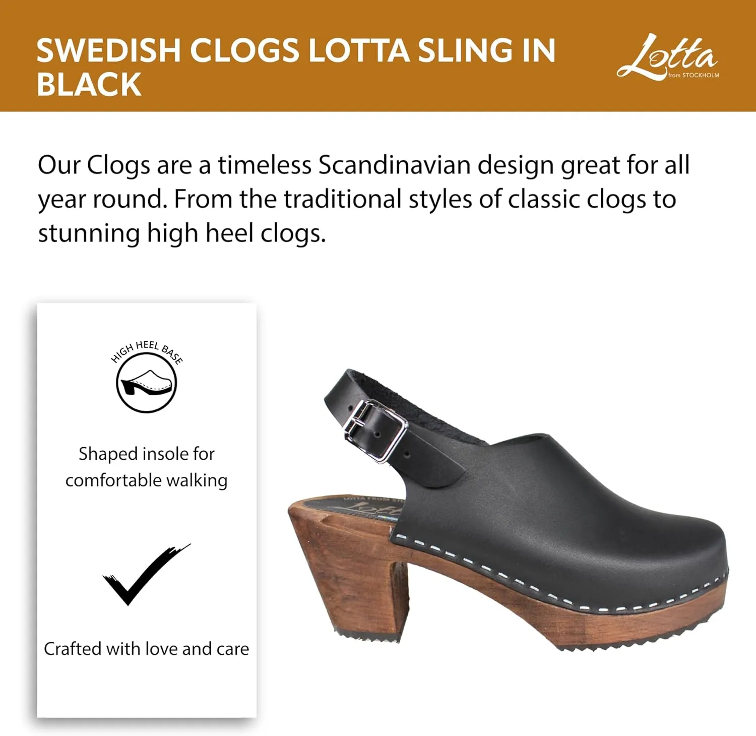 Swedish High Heel Slingback Clogs for Women in Black Leather on Brown Base