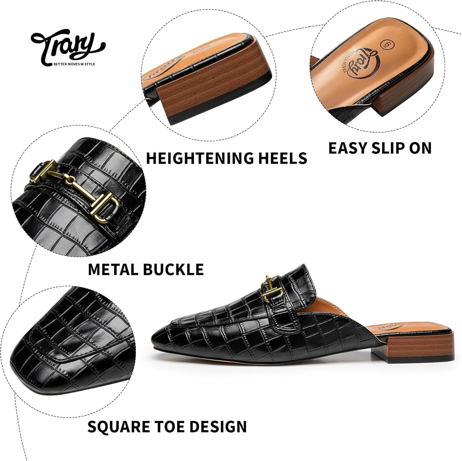 Trary Women's Mules & Loafers, Black Square Toe Mules, Classic Dressy & Casual Comfortable Shoes