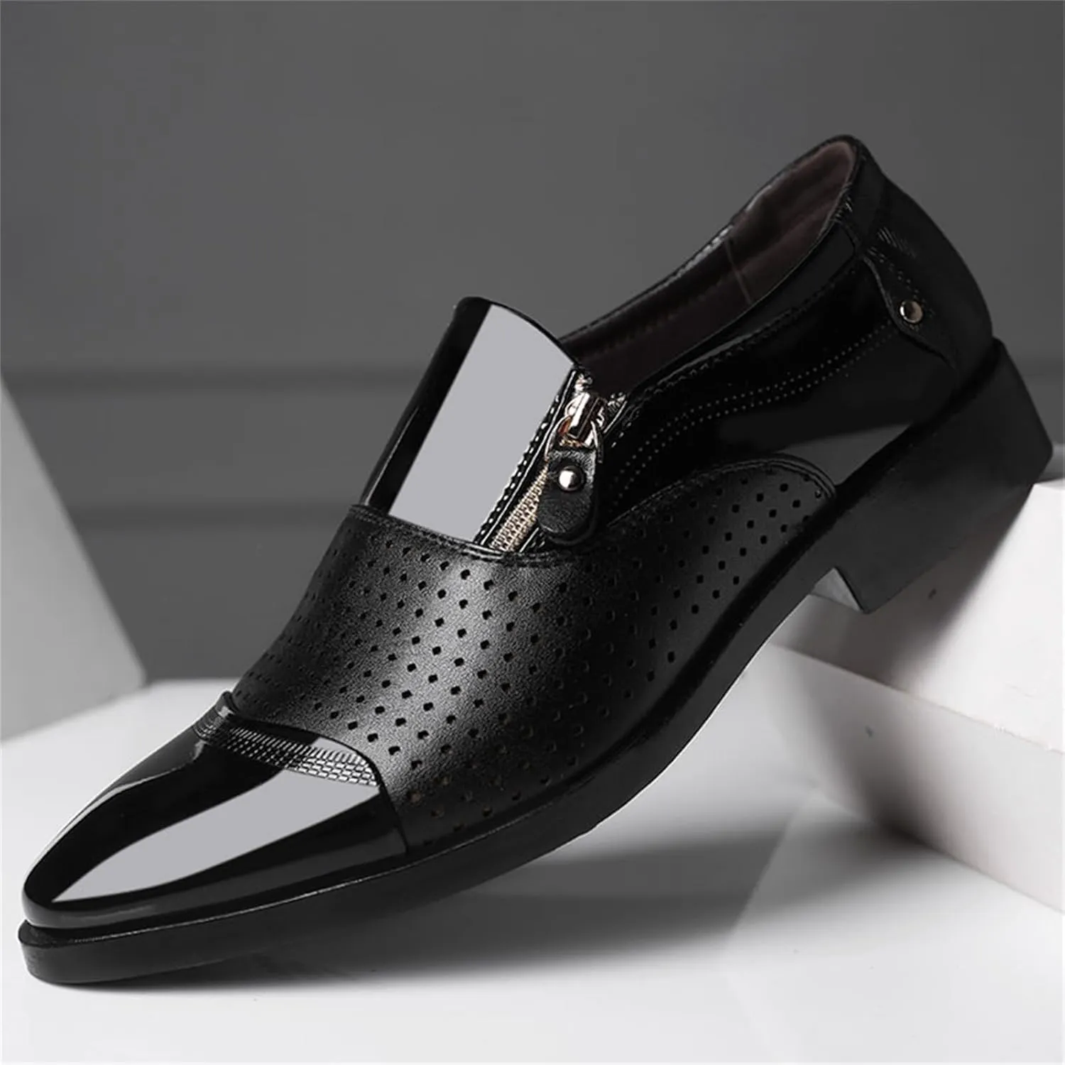 Tuxedo Dress Shoes for Men Classic Patent Leather Office Business Shoes Zipper Hollow Breathable Formal Oxfords Shoes Black