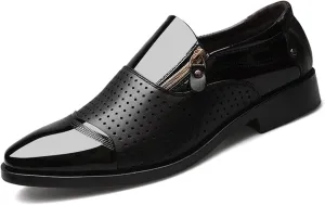 Tuxedo Dress Shoes for Men Classic Patent Leather Office Business Shoes Zipper Hollow Breathable Formal Oxfords Shoes Black