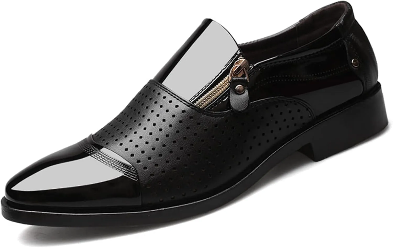 Tuxedo Dress Shoes for Men Classic Patent Leather Office Business Shoes Zipper Hollow Breathable Formal Oxfords Shoes Black