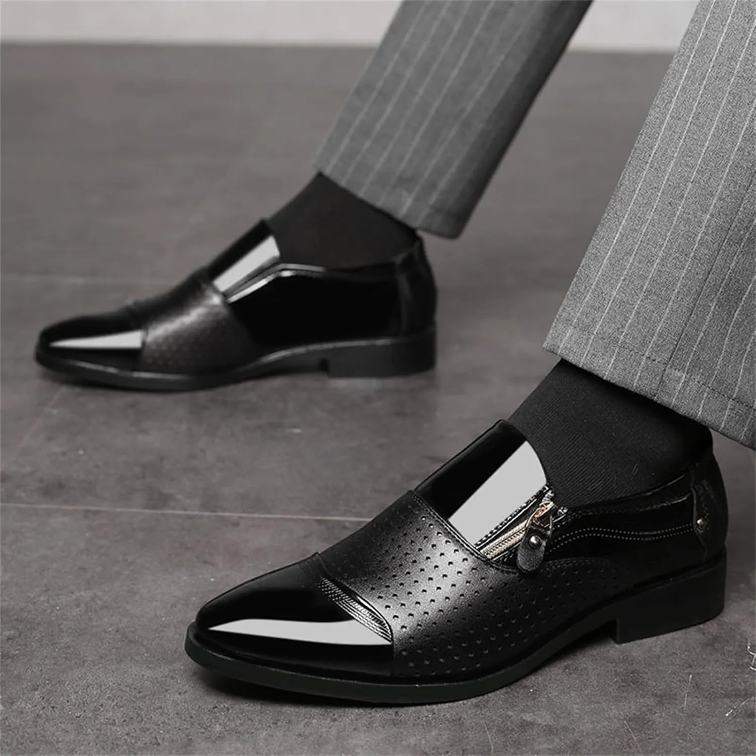 Tuxedo Dress Shoes for Men Classic Patent Leather Office Business Shoes Zipper Hollow Breathable Formal Oxfords Shoes Black