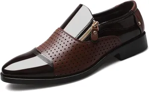 Tuxedo Dress Shoes for Men Classic Patent Leather Office Business Shoes Zipper Hollow Breathable Formal Oxfords Shoes Brown