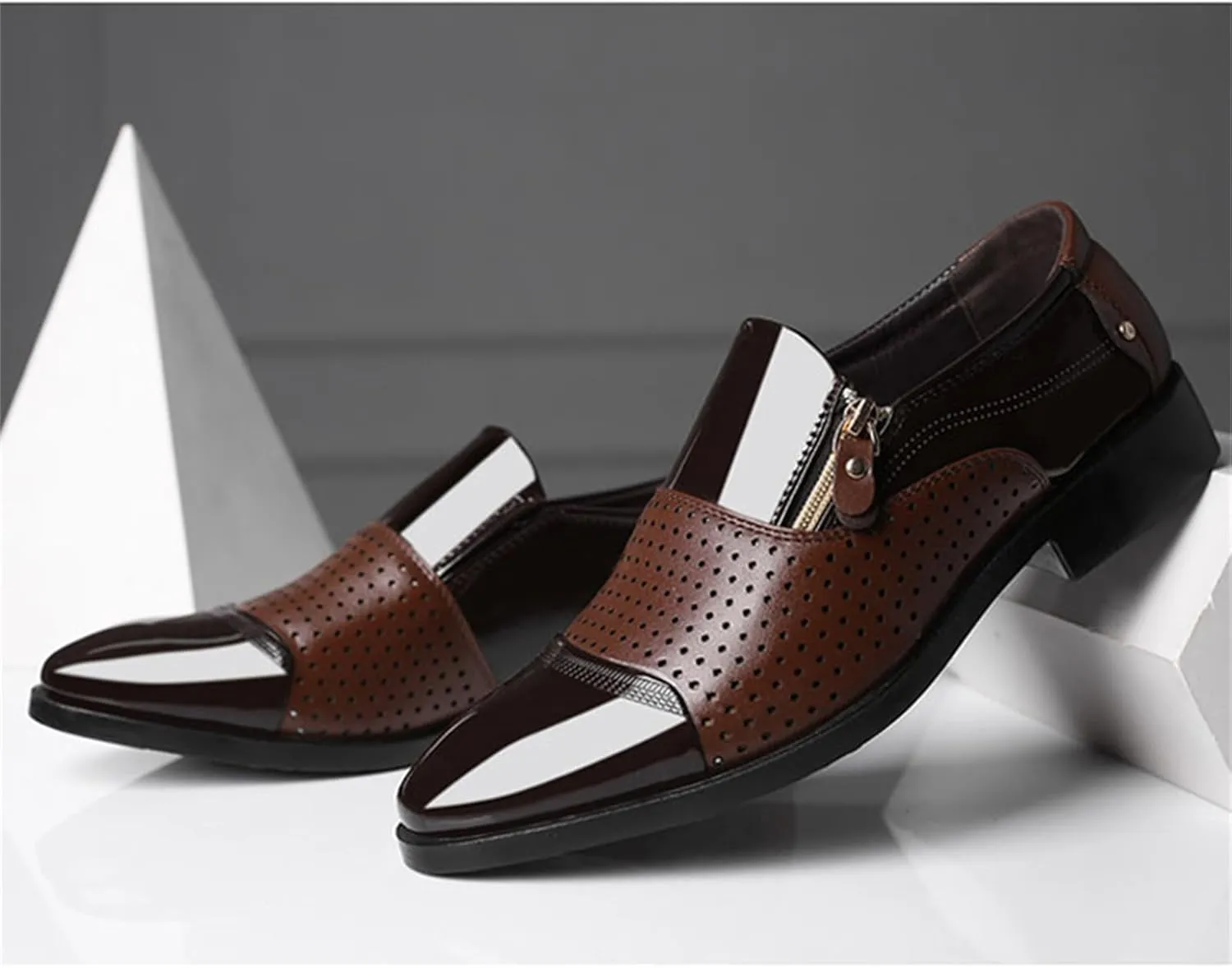 Tuxedo Dress Shoes for Men Classic Patent Leather Office Business Shoes Zipper Hollow Breathable Formal Oxfords Shoes Brown