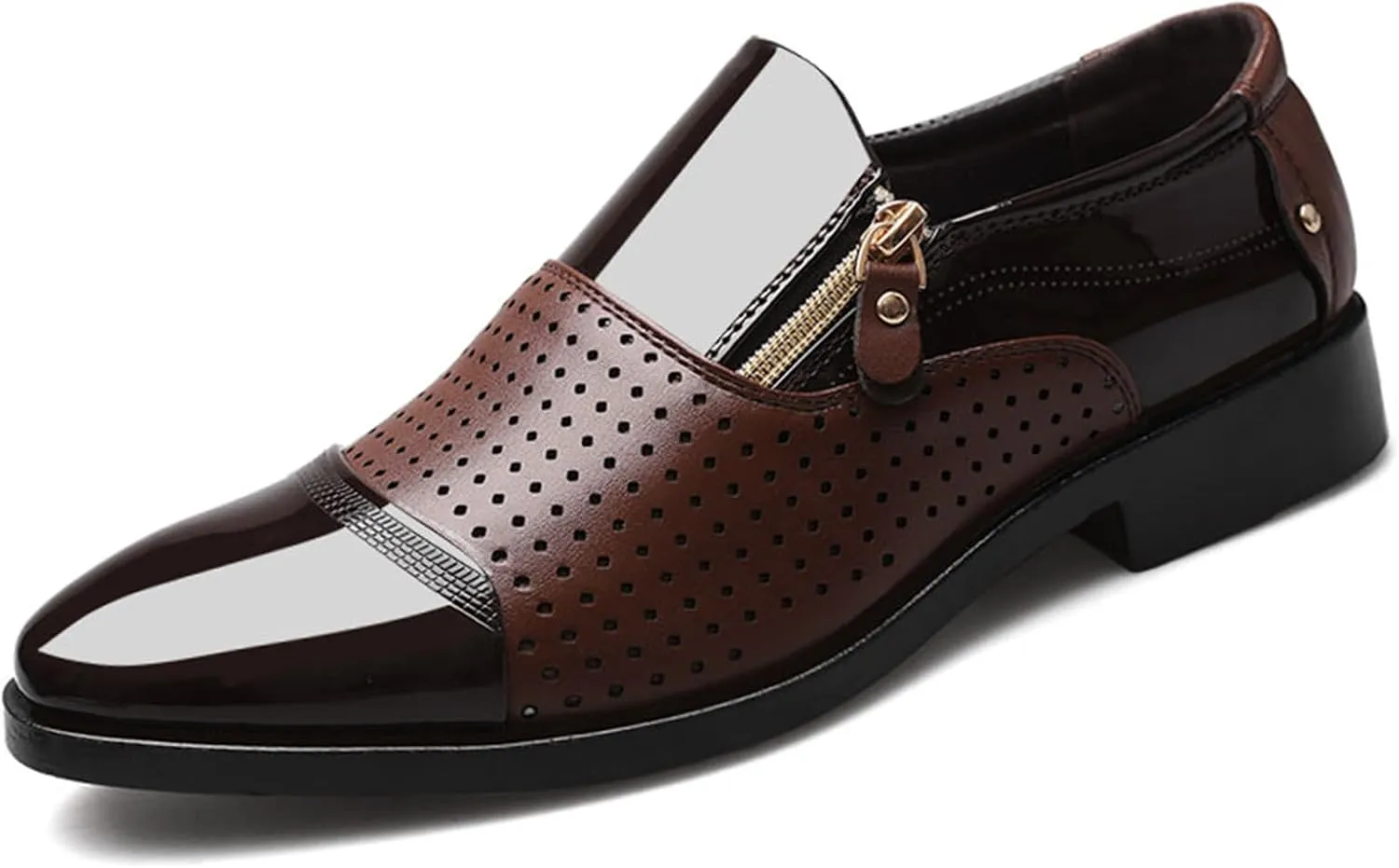 Tuxedo Dress Shoes for Men Classic Patent Leather Office Business Shoes Zipper Hollow Breathable Formal Oxfords Shoes Brown
