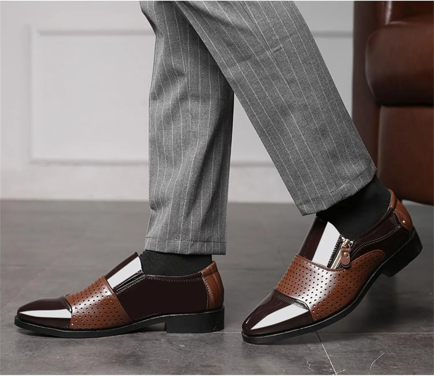 Tuxedo Dress Shoes for Men Classic Patent Leather Office Business Shoes Zipper Hollow Breathable Formal Oxfords Shoes Brown