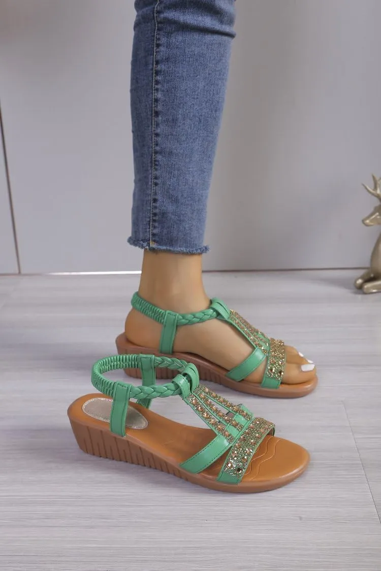Wedge Sandals for Women Open Toe Sandal T-Strap Rhinestone Beaded Bohemia Beach Shoes Slip on Dressy Ankle Strap Flip Flops Jeweled Flat Flip Flops Lightweight Low Heel Outdoor Shoes