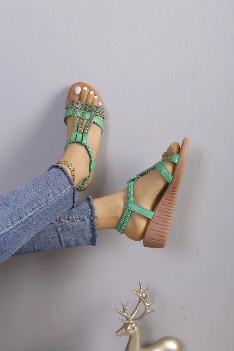 Wedge Sandals for Women Open Toe Sandal T-Strap Rhinestone Beaded Bohemia Beach Shoes Slip on Dressy Ankle Strap Flip Flops Jeweled Flat Flip Flops Lightweight Low Heel Outdoor Shoes