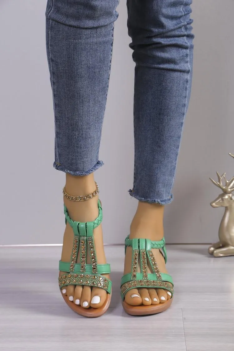 Wedge Sandals for Women Open Toe Sandal T-Strap Rhinestone Beaded Bohemia Beach Shoes Slip on Dressy Ankle Strap Flip Flops Jeweled Flat Flip Flops Lightweight Low Heel Outdoor Shoes