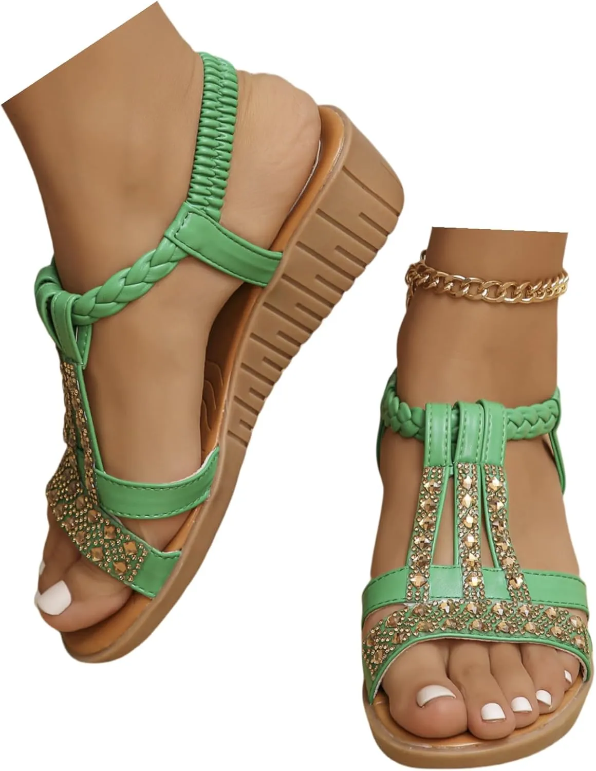 Wedge Sandals for Women Open Toe Sandal T-Strap Rhinestone Beaded Bohemia Beach Shoes Slip on Dressy Ankle Strap Flip Flops Jeweled Flat Flip Flops Lightweight Low Heel Outdoor Shoes