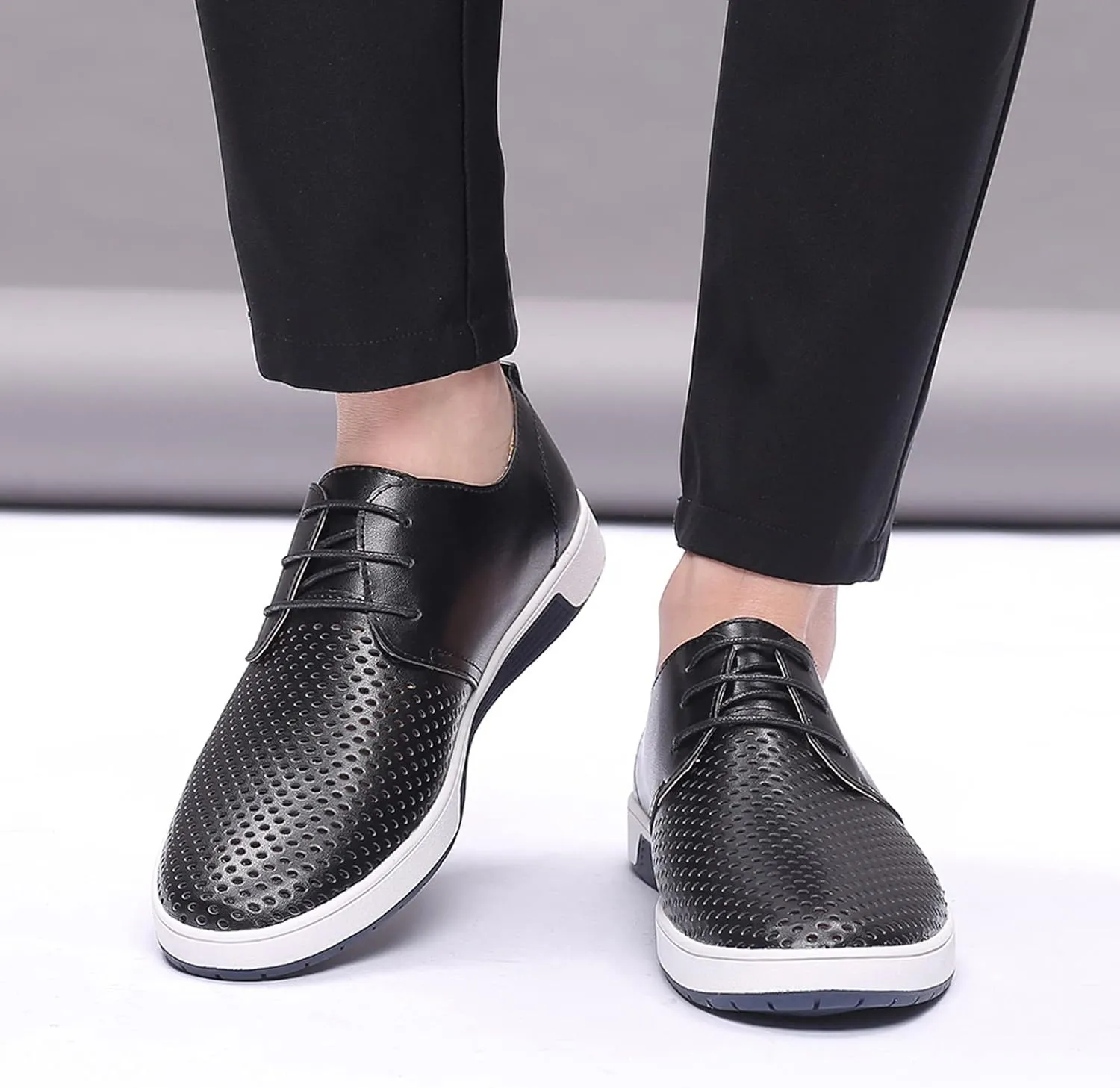 Wide Casual Business Shoes for Men Summer Style Men's Breathable Comfortable Business Lace Up Leisure Hollow Solid Leather Shoes Men Size 14 Black Slip Ons Dress Shoes