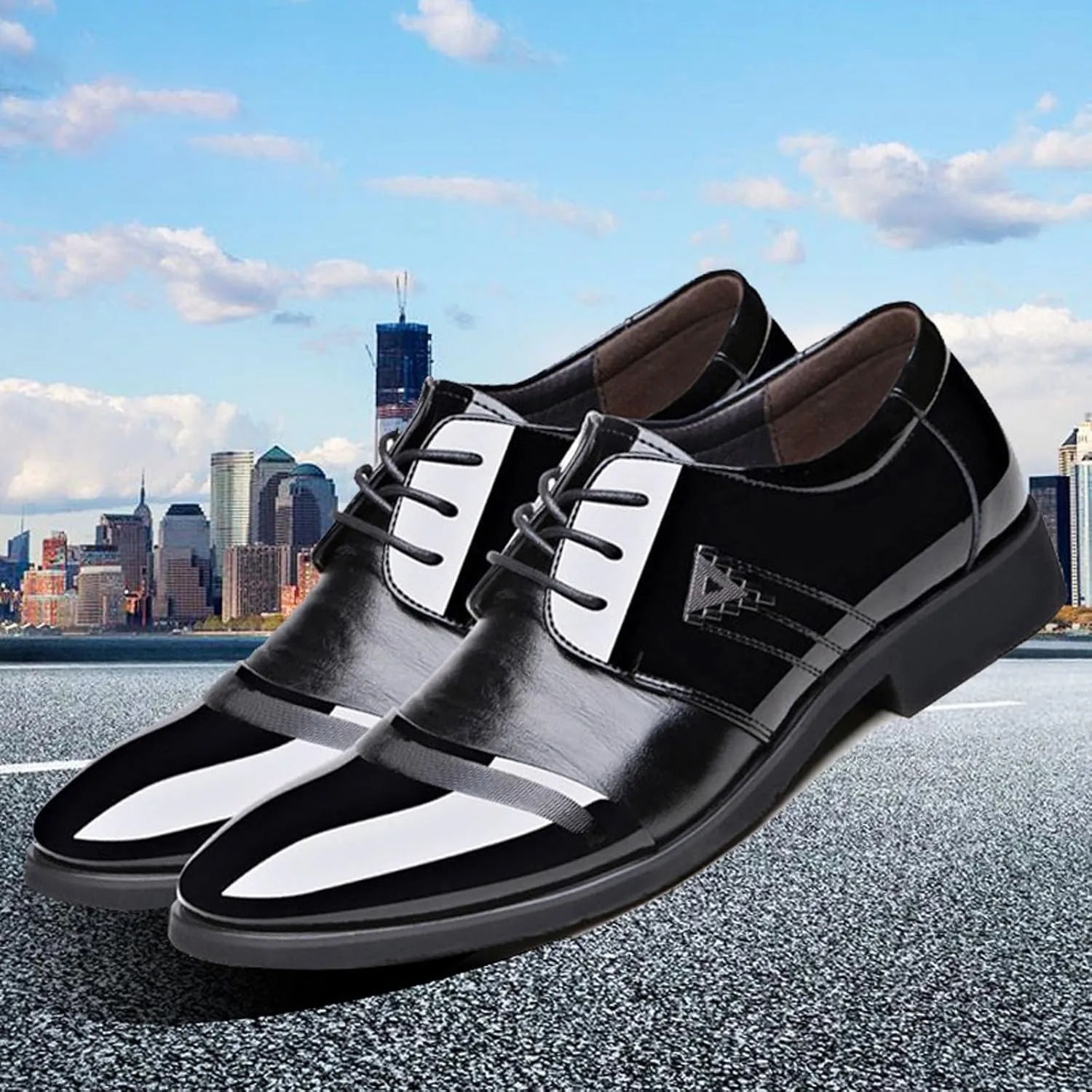 Wide Toe Box Formal Shoes Men Men Breathable Business Formal Casual Pointed Toe Shiny Lace Up Patchwork Leather Shoes Mens Casual Oxford Shoes Leather