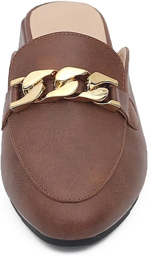 Women Leather Metal Chain Chunky Heel Mules Sandals Classic Trendy Comfortable Slip On Round Toe Low Block Heel Backless Loafers